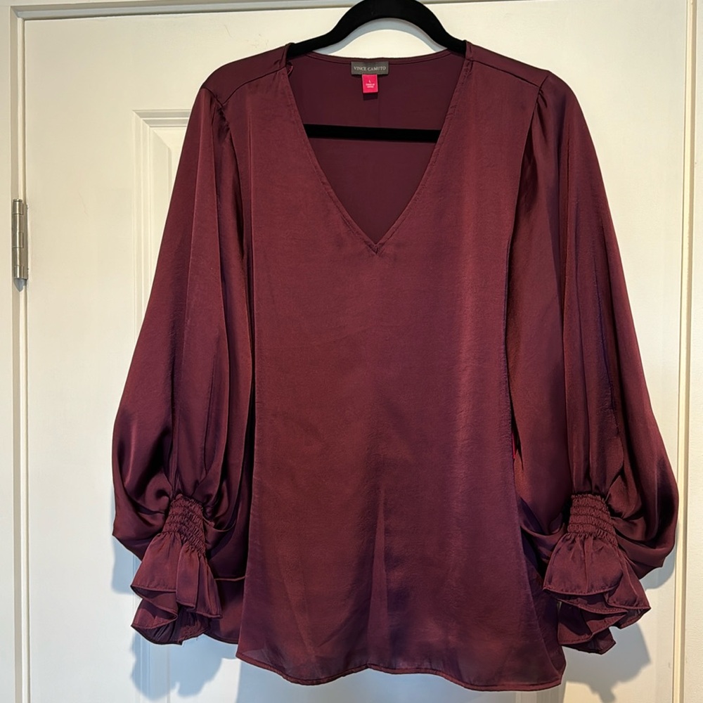 Vince Camuto burgundy v neck silk like blouse with balloon sleeve